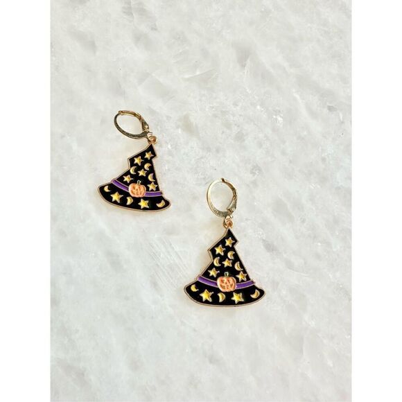 Halloween witches hat with moon, stars, and jack-o-lantern dangle earrings - Picture 1 of 2